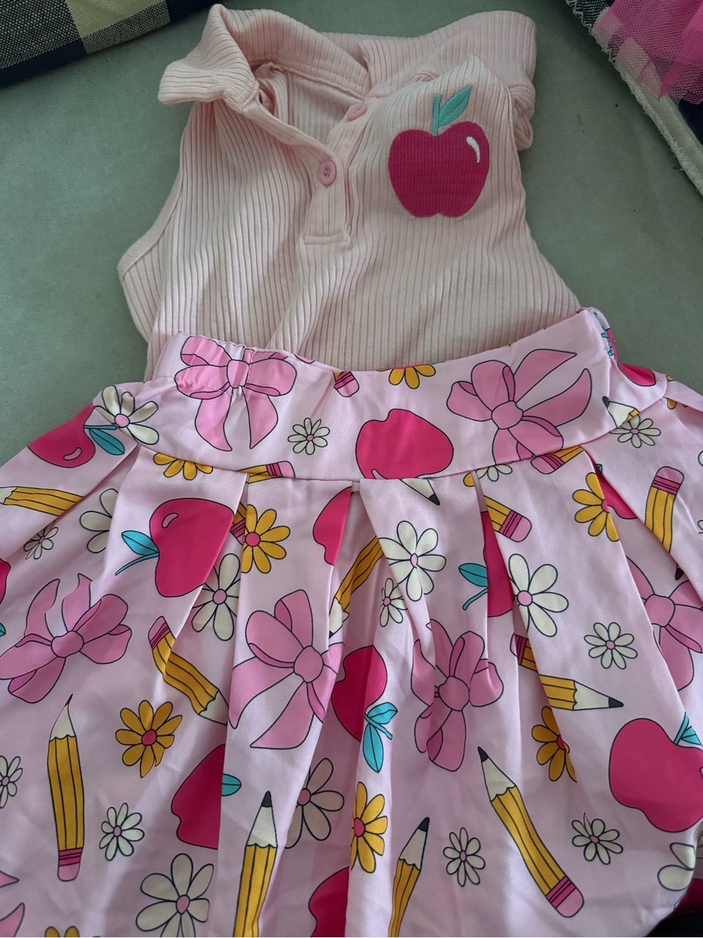 Pink Apple & Pencil Print Skirt Set